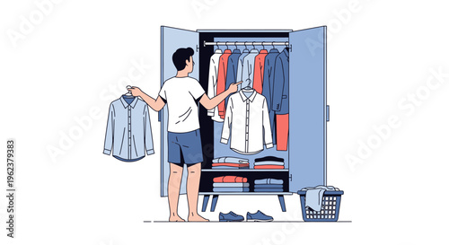 Man organizing clothes in a wardrobe.