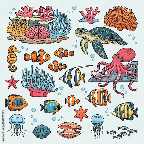 Vibrant Coral Reef Scene with Diverse Marine Life: Turtle, Octopus, Seahorse, Fish