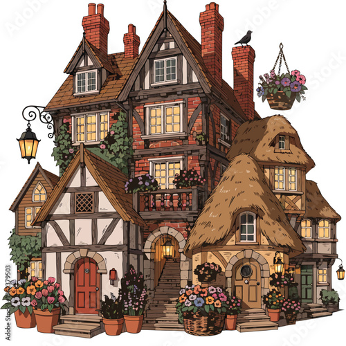 Charming whimsical cottage with detailed timber framing, red brick chimneys, glowing windows, and lush flower pots. Cozy fairytale village house with thatched roof, warm lighting, and storybook 