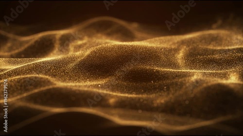 Golden dust forming layered undulating wave surfaces across a deep dark background with warm cinematic light creating calm seamless abstract motion