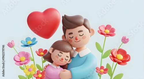 3D illustration of a loving couple embracing amidst vibrant spring flowers, with a symbolic red heart floating above, depicting romance and affection