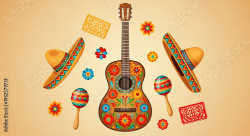 Vibrant mexican fiesta elements guitar sombreros maracas and flowers on beige background