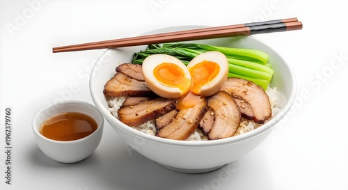Delicious bowl of rice topped with succulent roasted pork belly, soft-boiled egg, and blanched green vegetables, served with a side of savory sauce and chopsticks