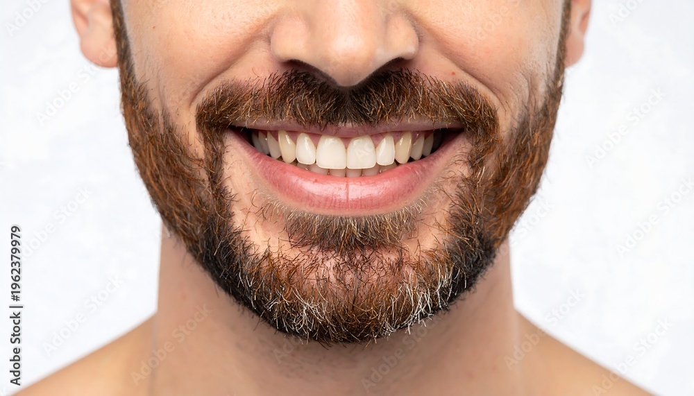 Fototapeta premium Close-up of a smiling man's face, highlighting teeth and a full, multi-toned beard against a bright, clean background