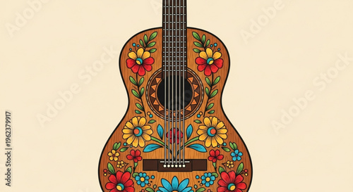 Colorful floral guitar with vibrant flowers and leaves on a beige background music instrument