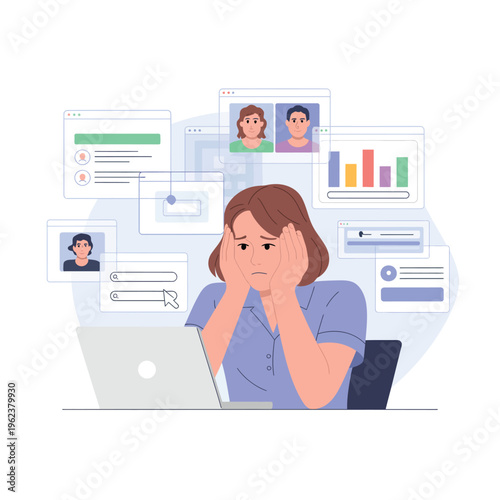 Overwhelmed woman with multiple browser windows open on her laptop