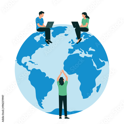 People working on laptops on a globe with a team member