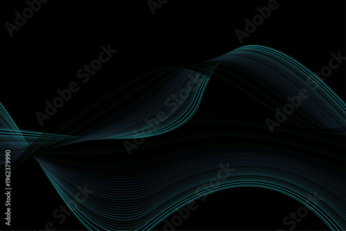 ダーク背景に浮かぶラインの流れるウェーブ抽象デザイン　緑