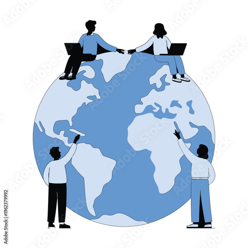 People working together on a globe with laptops