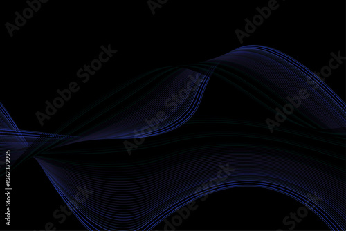 ダーク背景に浮かぶラインの流れるウェーブ抽象デザイン　青