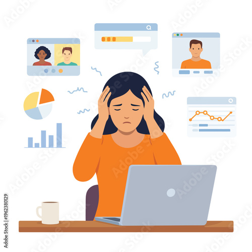 Overwhelmed woman with laptop and video calls