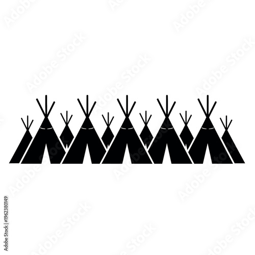 Black and white illustration of a group of teepees.