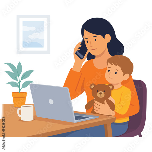 Woman on phone with child and teddy bear at desk with laptop