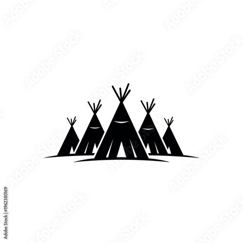 Black and white illustration of a group of teepees 1.