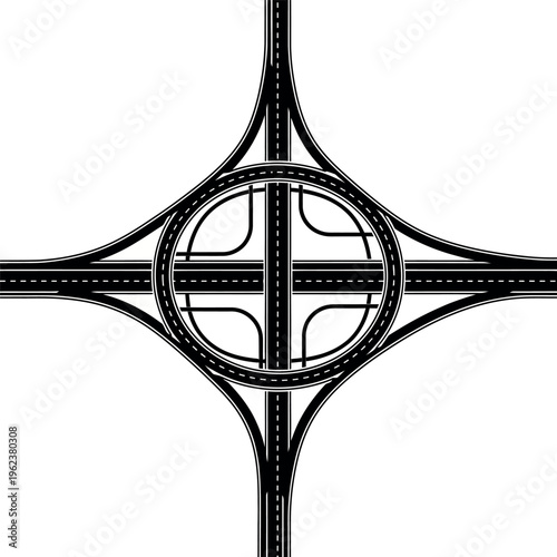 Complex highway interchange with multiple lanes and overpasses.