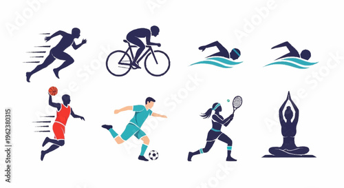 Various athletes engaged in sports activities like running, cycling, swimming, basketball, soccer, tennis, and yoga.