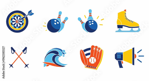 Vibrant icons showcase various sports and leisure activities in a lively setting.