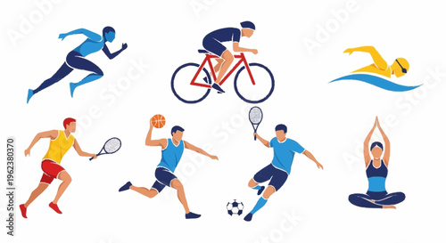 People are engaged in various sports and fitness activities in a lively scene.