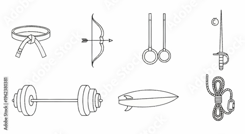 Illustrations of various medieval weapons and gym equipment in a single composition Whisk_ajy3idn5ewzihtz50yywitotygnzqtlizmyw0iy