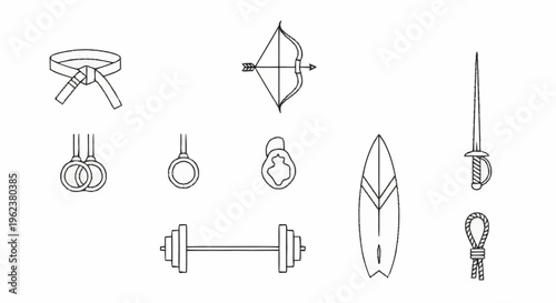 A collection of various weapons and gym equipment illustrated in a simple line drawing style.