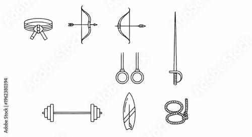 A collection of various weapons and fitness equipment illustrated in a simple line style.