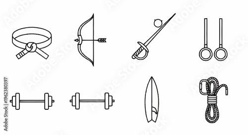 A collection of various sports equipment illustrations including a bow, sword, dumbbells, and more.