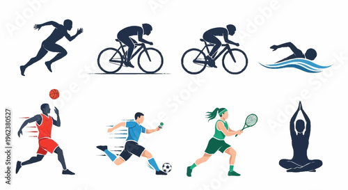 Various athletes engaged in sports activities like running, cycling, swimming, and playing basketball, soccer, tennis, and yoga.