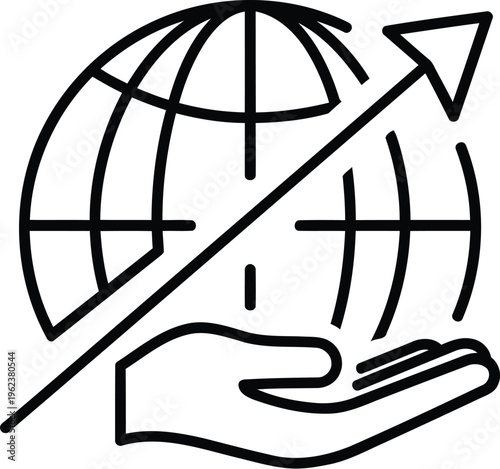 A minimalist black and white line art icon showing a globe being held by a hand with an arrow.