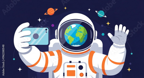 Astronaut taking selfie with earth in helmet surrounded by planets and stars in space