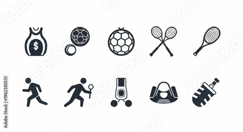 Various sports icons and symbols displayed on a clean white background with money bag.