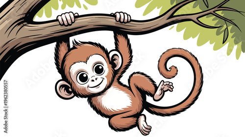 Adorable cartoon monkey hanging from a tree branch, playful and cute