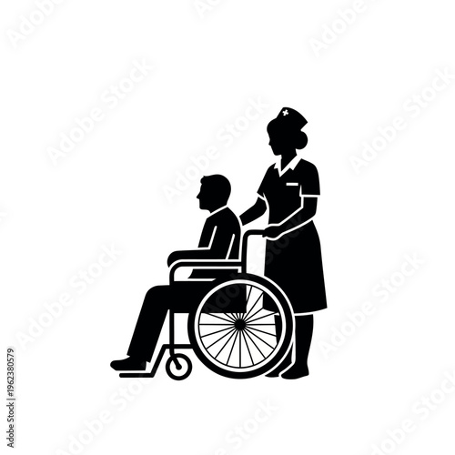 Nurse pushing a patient in a wheelchair.