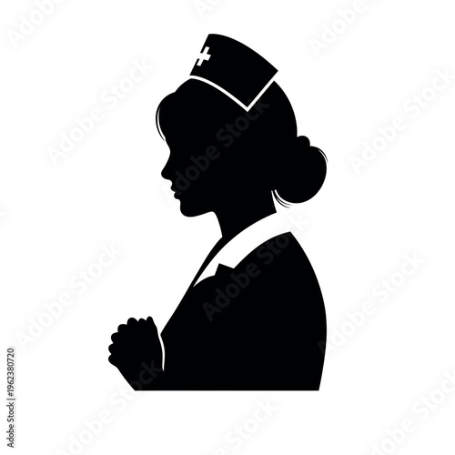 Silhouette of a nurse in profile with hands clasped.