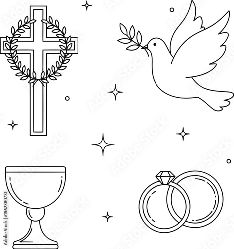 A collection of christian religious symbols including a cross a dove a chalice and wedding rings