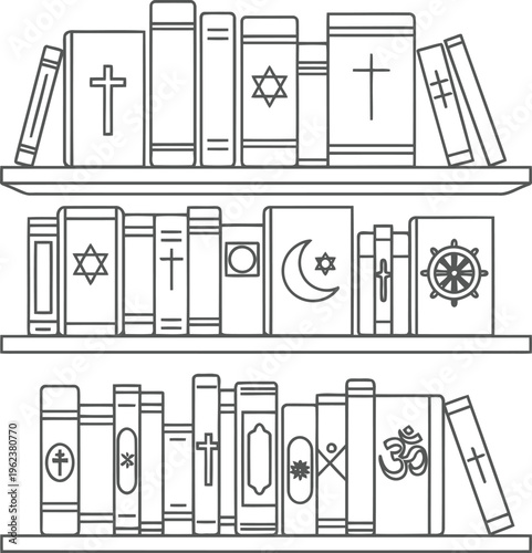 A black and white line art illustration of three wooden shelves filled with various religious books