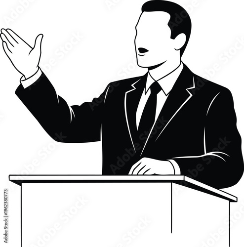 A black and white line art illustration of a professional businessman giving a formal speech.