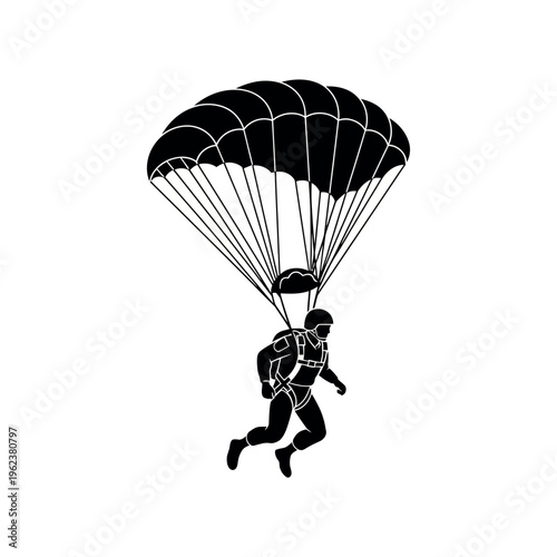 Skydiver descending with parachute in black and white silhouette.