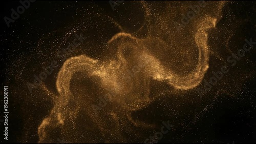 Golden dust forming layered mist like waves across a deep dark background with warm cinematic light creating calm seamless abstract motion
