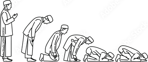 A sequence of line drawings showing the various physical positions during the islamic prayer ritual.