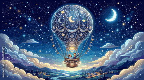 A magical illustration of a couple on a hot air balloon adventure, flying over a village under a dreamy starry night. A whimsical journey for fantasy or travel themes.
