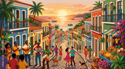 A vibrant illustration of a Brazilian street festival. People dance and play music on a cobblestone street in a colorful coastal town at sunset. Perfect for travel and culture.