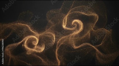 Golden dust particles forming broad gently undulating wave surfaces across a deep dark background with warm cinematic light creating calm seamless abstract motion