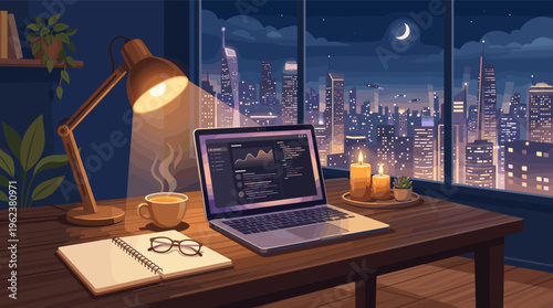 A cozy home office desk with a laptop at night. The warm lamp light contrasts with the cool city view, creating a calm atmosphere for working, studying, or freelancing.