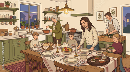 A heartwarming illustration of a multi-generational family cooking and setting the table. This cozy scene shows togetherness, tradition, and love, perfect for family concepts.