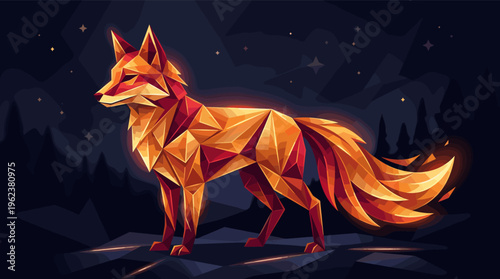 A glowing polygonal fox stands in a mystical night forest. This modern, abstract digital art is perfect for technology, gaming, or fantasy themes.