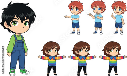 Cartoon Character Set of Kids in Overalls and Colorful Sweaters in Various Poses for Digital Media, Graphic Design, and Websites