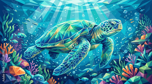 A stunning low poly illustration of a sea turtle swimming in a vibrant ocean. This magical underwater scene with a coral reef is perfect for conservation or nature concepts.