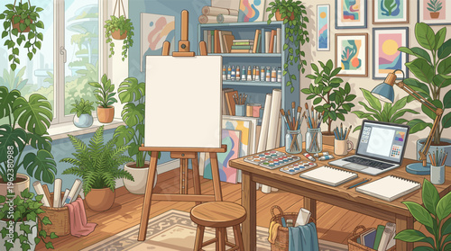 A cozy, sunlit artist's studio illustration. Features a blank canvas mockup on an easel, a desk with art supplies, and lush houseplants creating a peaceful atmosphere.