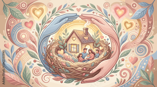 An illustration of caring hands protecting a happy family in a nest. Concept of home, safety, love, and security. Ideal for insurance, real estate, or family services.