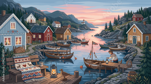 A cozy illustration of a Scandinavian fishing village at sunset. Quaint wooden houses and boats by a fjord. Perfect for travel, culture, or hygge lifestyle concepts.